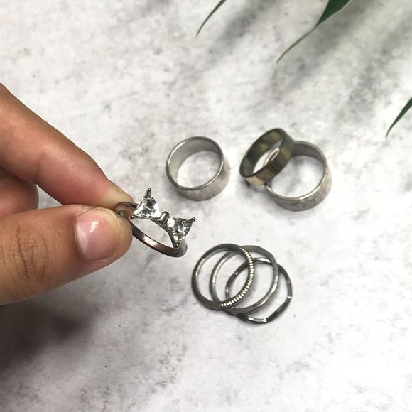 Aldo 7 Silver Minimalist Midi Bow Stacking Rings - Picture 8 of 8